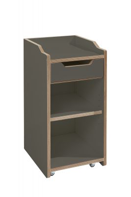 Grauer Rollcontainer von Müller Möbelwerkstätten mit Schublade und zwei offenen Regalfächern.